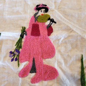 Vintage 1972 Embroidery Handmade Asian Lady Geisha Iris Slow Stitch Cottagecore
